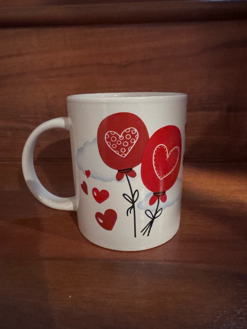 White Ceramic Valentines Mug with Red Heart Balloons